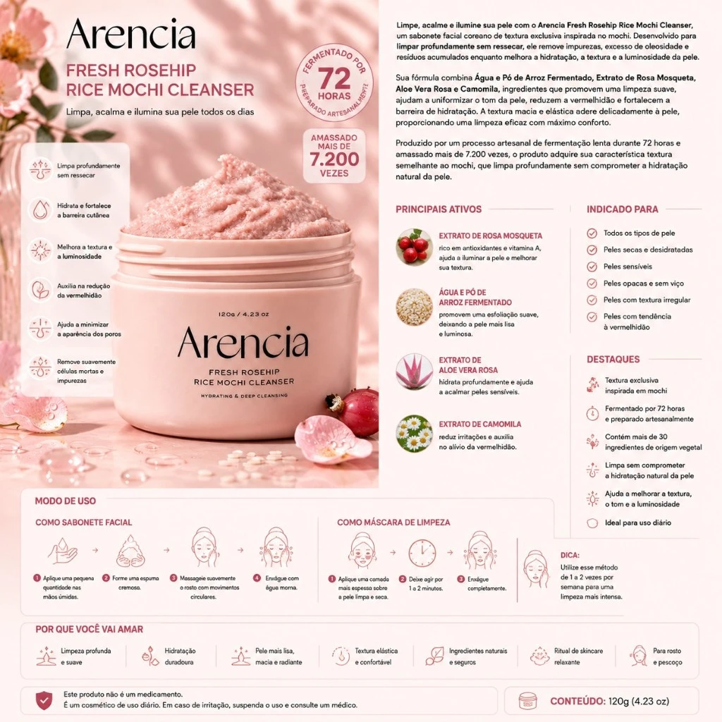 Arencia Fresh Rosehip Rice Mochi Cleanser – 120g - Imagem 3