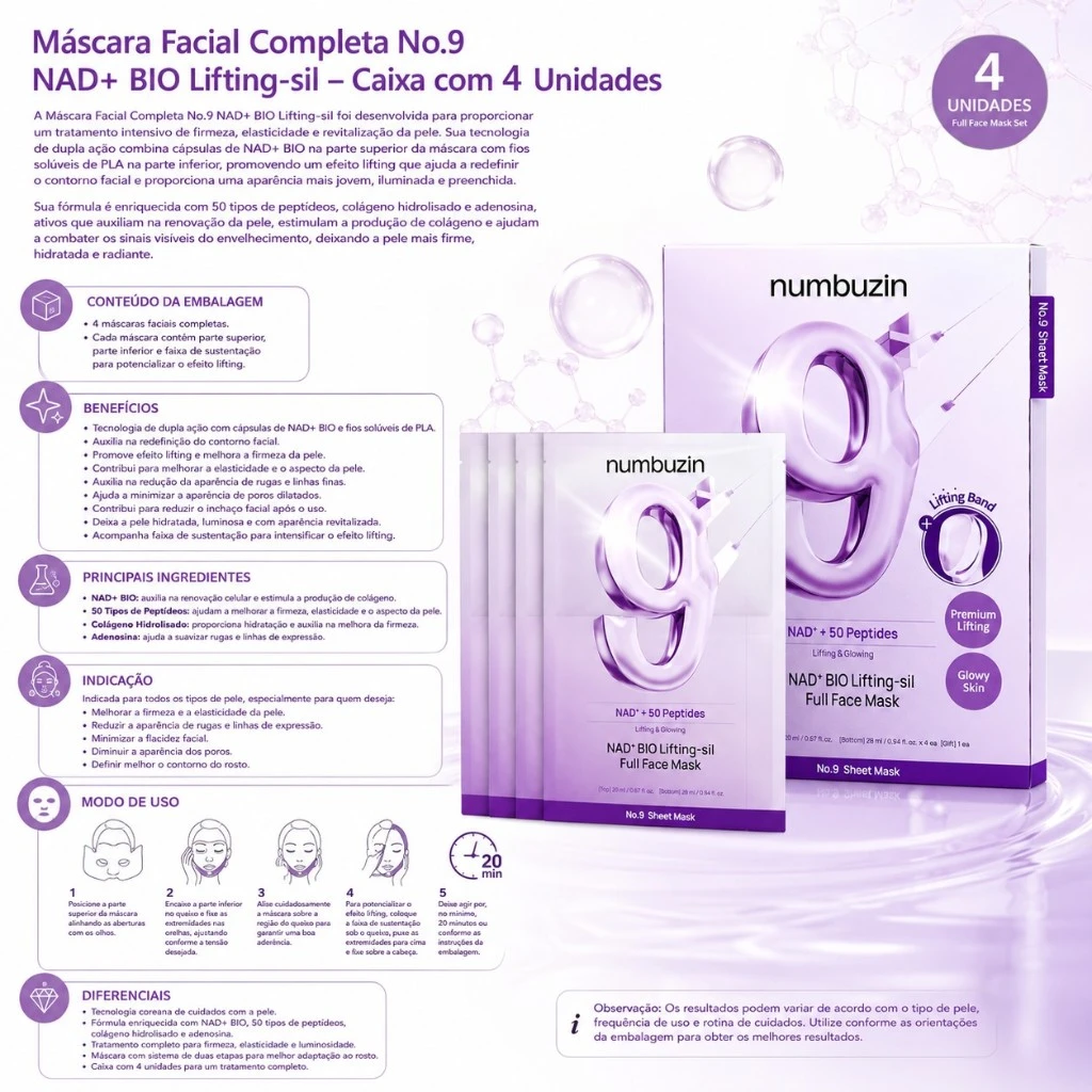 Numbuzin Máscara facial completa No.9 NAD+ BIO Lifting-sil - Caixa com 4 Unidades - Imagem 3