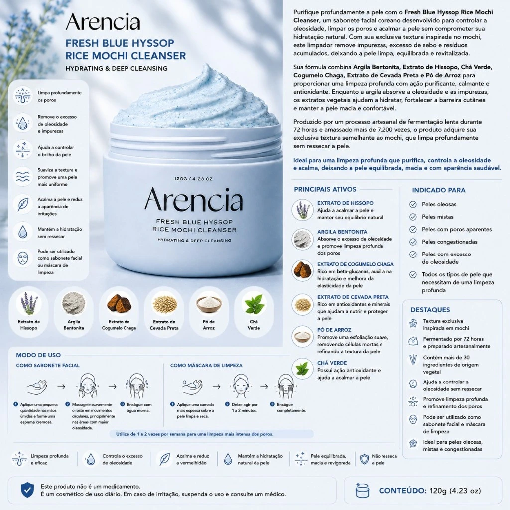 Arencia Fresh Blue Hyssop Rice Mochi Cleanser – 120g - Imagem 3
